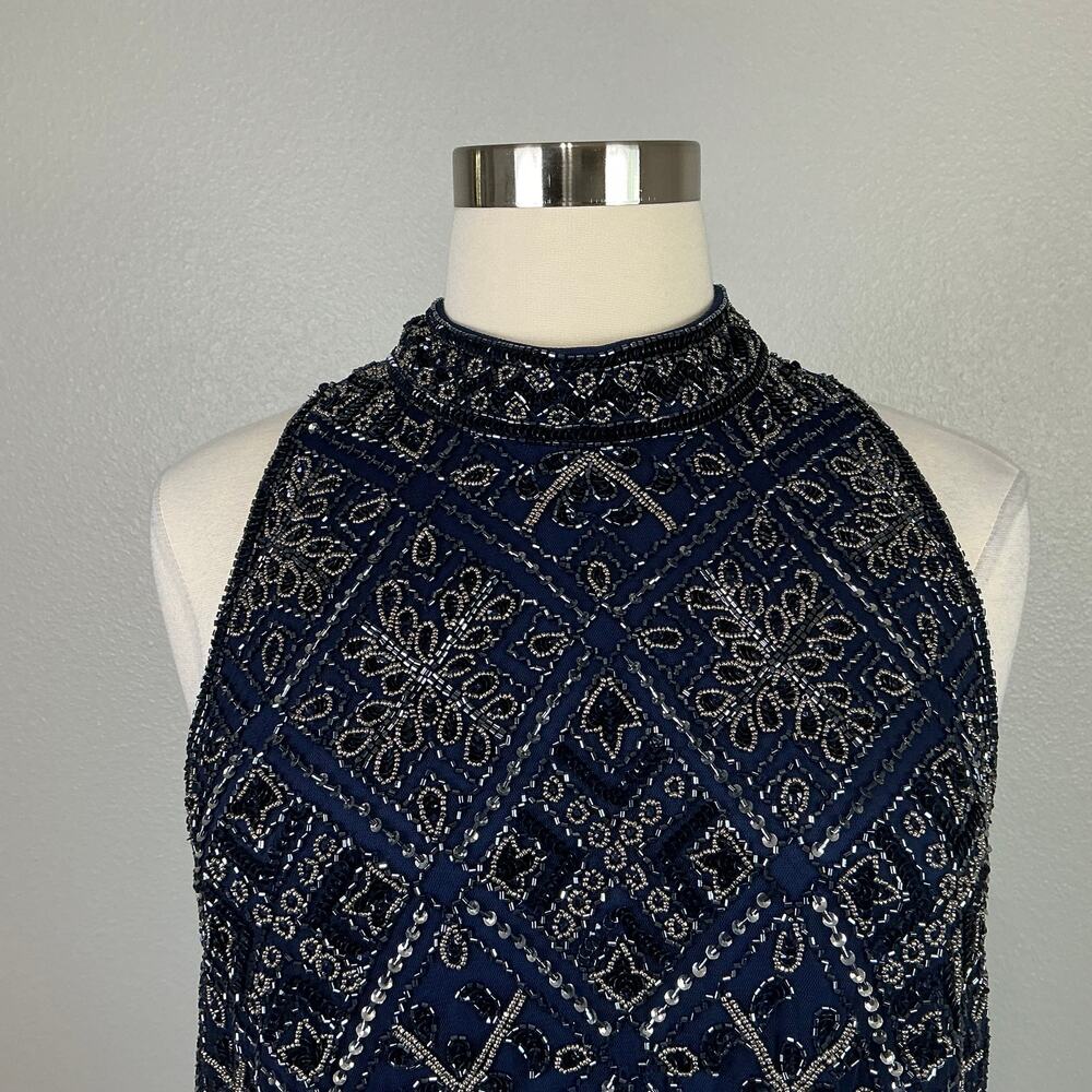 Adrianna Papell Blue Jumpsuit Beaded Wide-Leg Pant Sleeveless Halter Size 18 - Picture 8 of 12